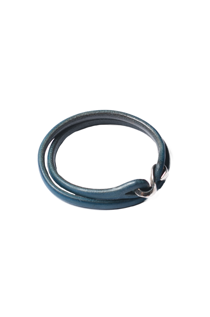 Flat Head Leather & Silver Bracelet - Indigo Double Wrap - Image 0