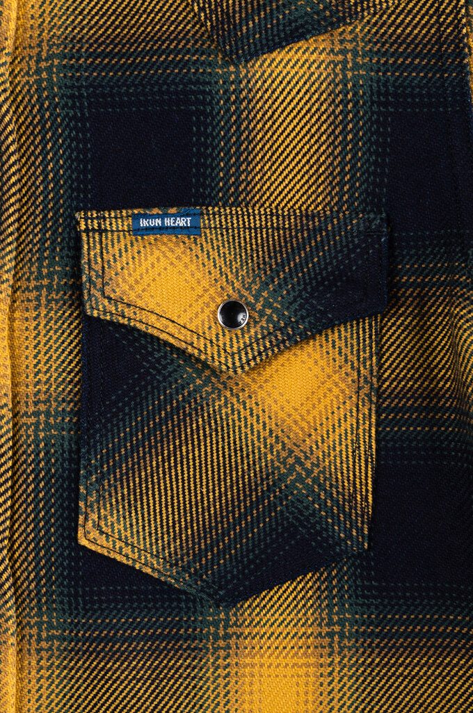 Iron Heart 9oz Rope-Dyed Indigo Western - Ombre Check Yellow - Image 5