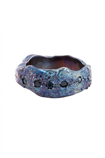 Eskhaton Burnished .925 Sterling Silver &amp; Deep Blue Sapphire Ring - Oil Slick