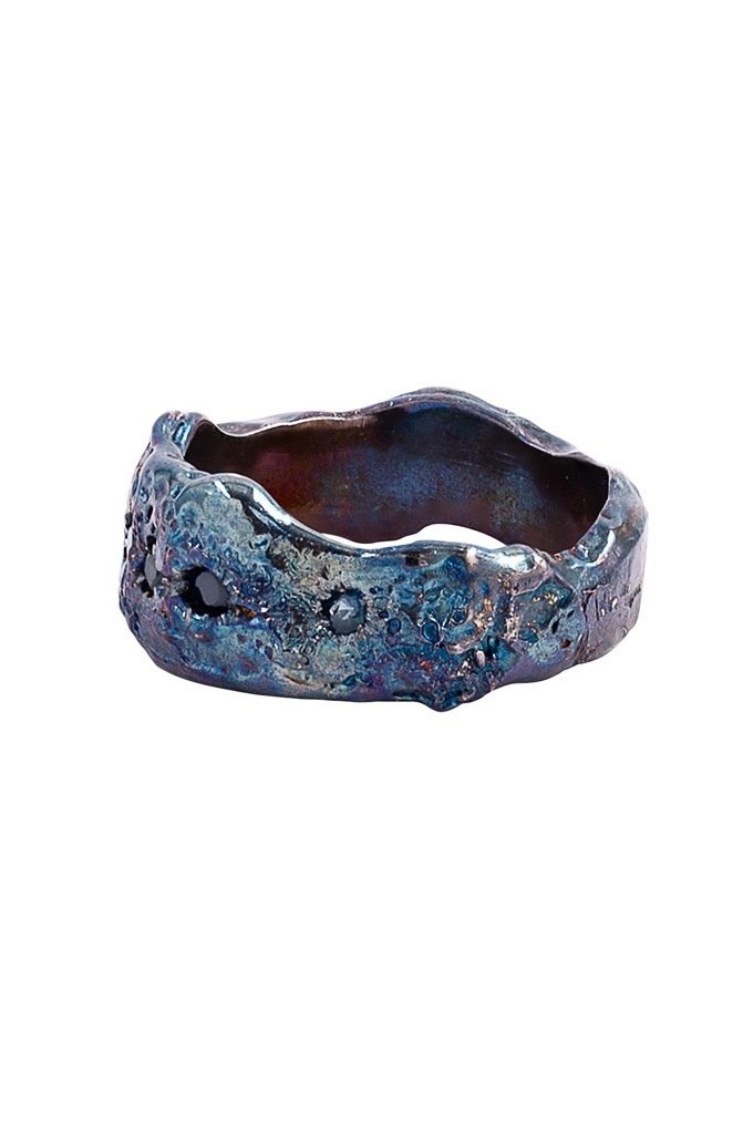 Eskhaton Burnished .925 Sterling Silver & Deep Blue Sapphire Ring - Oil Slick