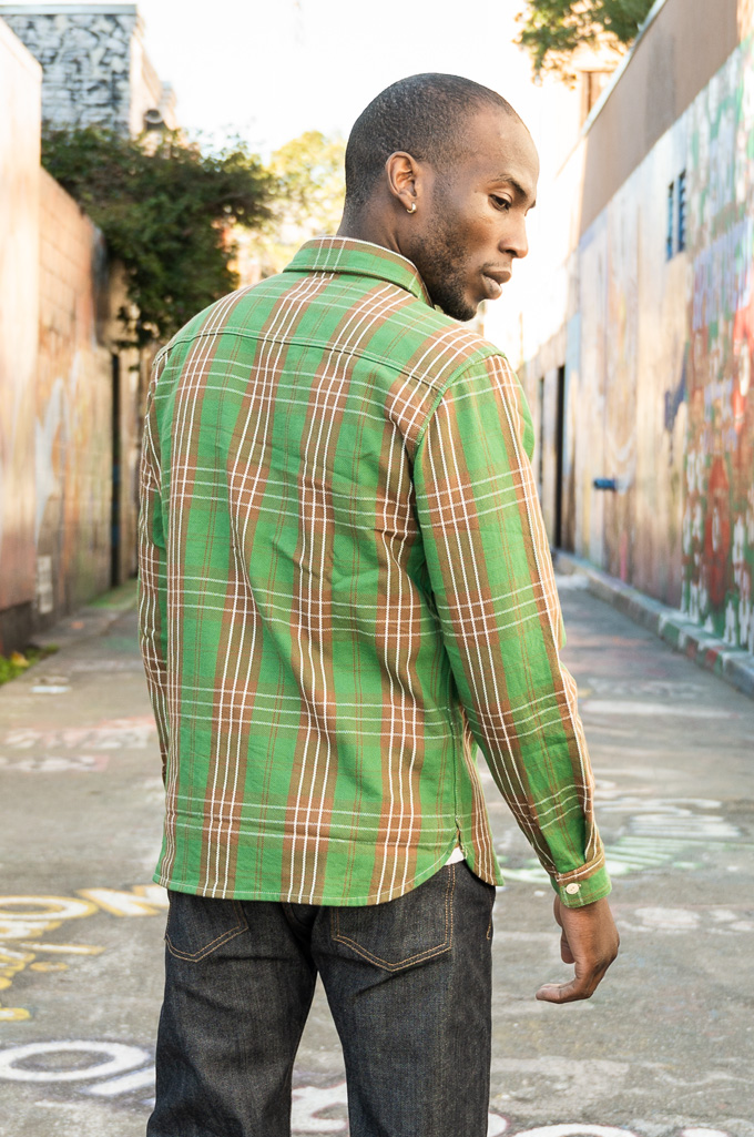Flat Head "Leaping Mullet Pedal" Heavy Winter Flannel Workshirt - Green/Brown