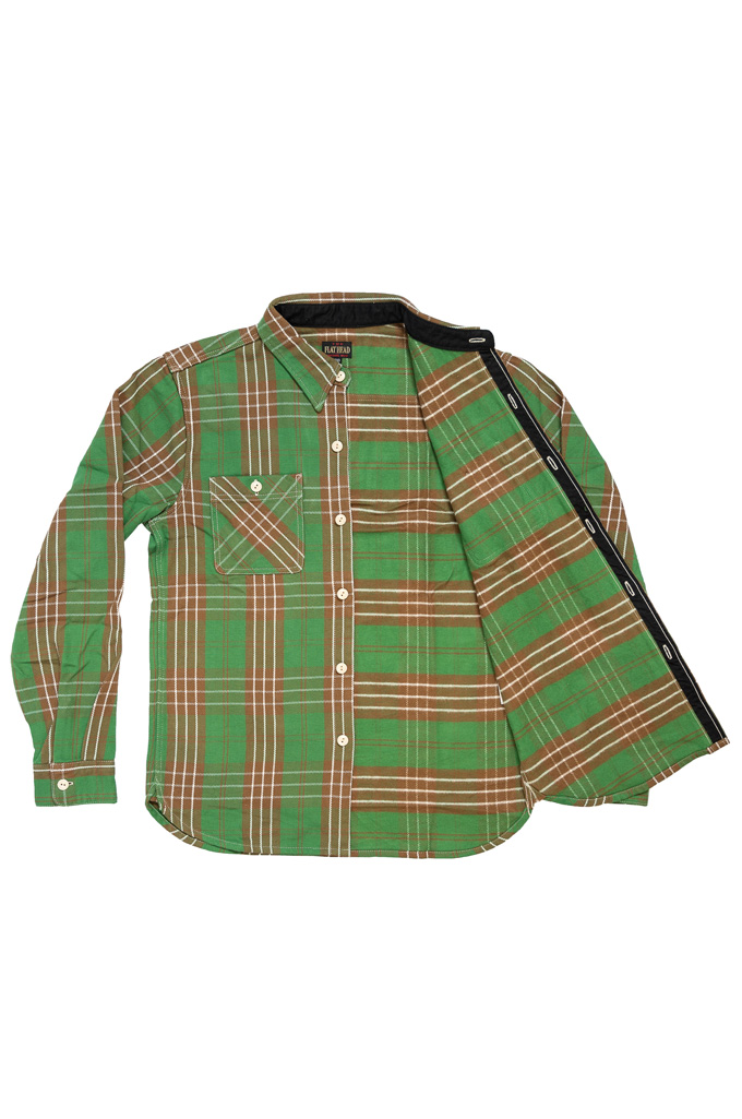 Flat Head "Leaping Mullet Pedal" Heavy Winter Flannel Workshirt - Green/Brown
