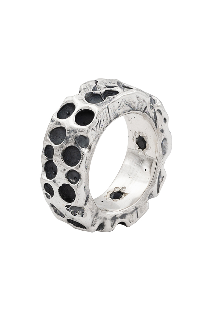 Eskhaton Dimpled .925 Sterling Silver & Black Sapphire Ring - inside out