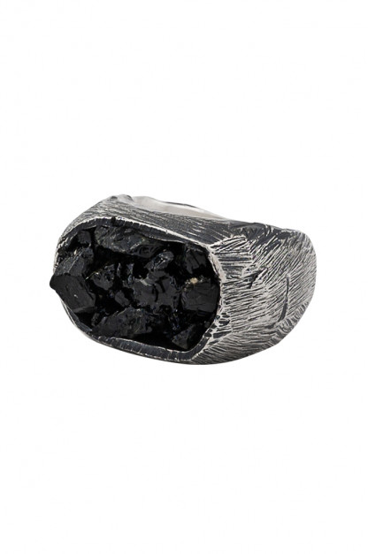 Eskhaton Scarred .925 Sterling Silver &amp; Rough Black Tourmaline Ring - VOID