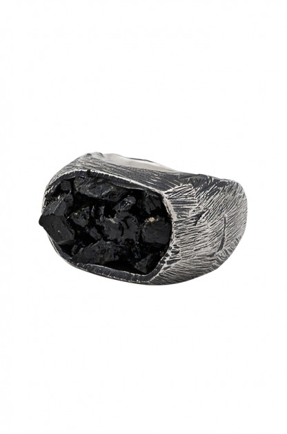 Eskhaton Scarred .925 Sterling Silver &amp; Rough Black Tourmaline Ring - VOID