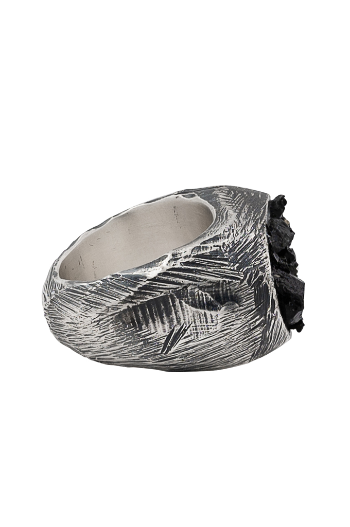 Eskhaton Scarred .925 Sterling Silver & Rough Black Tourmaline Ring - VOID