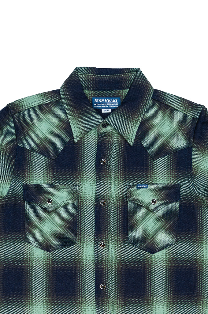 Iron Heart 9oz Selvedge Ombre Check Western - IHSH-348-GRN - Green