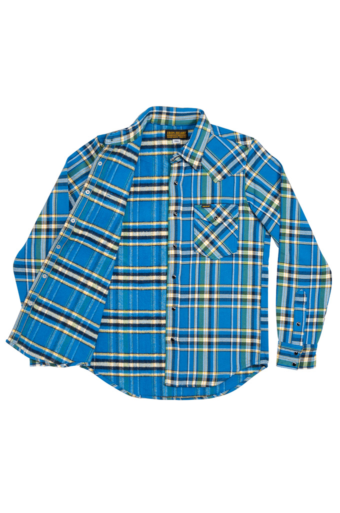 Iron Heart Ultra-Heavy Snap Buttoned Flannel - IHSH-370-BLU - Tartan Check Blue