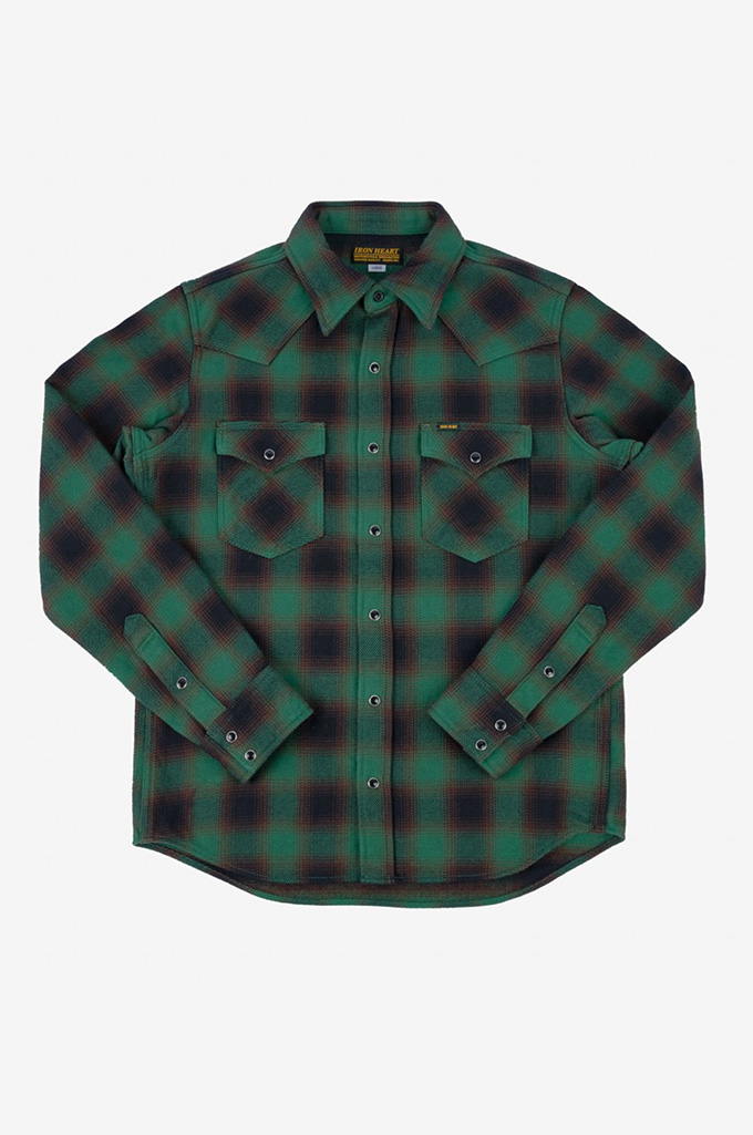Iron Heart Ultra-Heavy Snap Buttoned Flannel - IHSH-373-GRN - Ombre Check Green