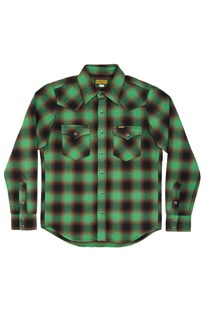 Iron Heart Ultra-Heavy Flannel Western Shirt - IHSH-373-GRN - Ombre Green
